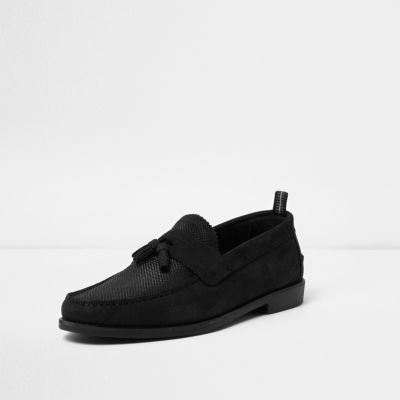 Black embossed textured loafers